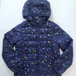 GAP Kids Hooded Primaloft Puffer Jacket Girls XL 12 Navy Blue Foil Dot Pockets